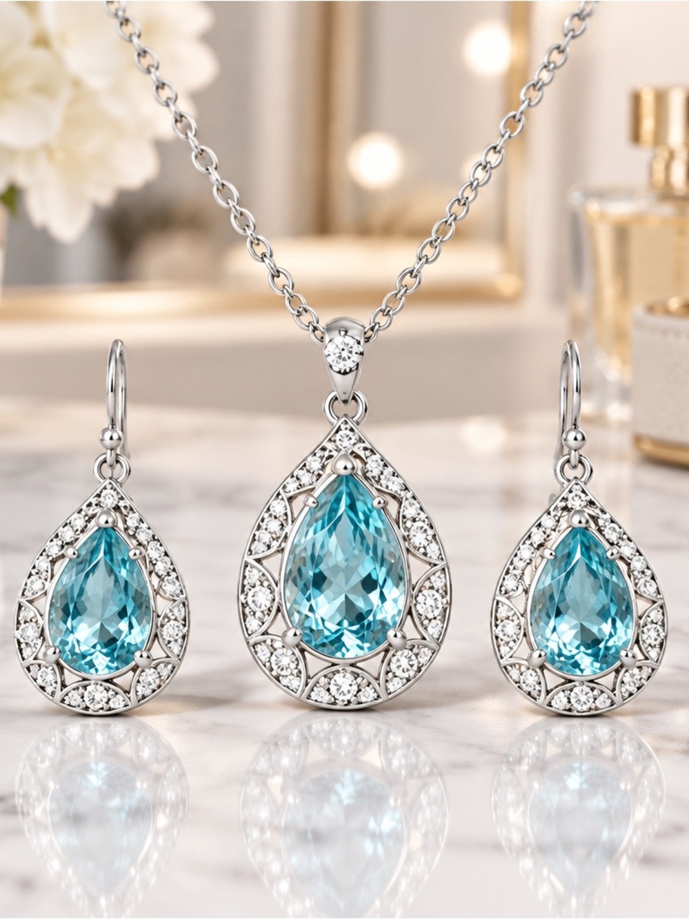 Avon Silver-Tone Teardrop Aqua Crystal Necklace & Earrings Set